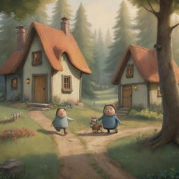 A warm and inviting scene portraying cartoon characters Finn and Fiona strolling towards their cozy houses nestled amidst serene woodland.