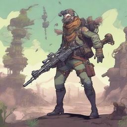 A half-monster, half-human scout equipped with a sniper rifle, dressed in a military uniform blending biopunk and steampunk elements