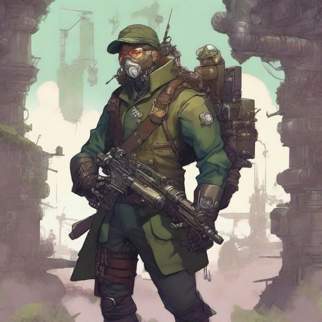 A half-monster, half-human scout equipped with a sniper rifle, dressed in a military uniform blending biopunk and steampunk elements