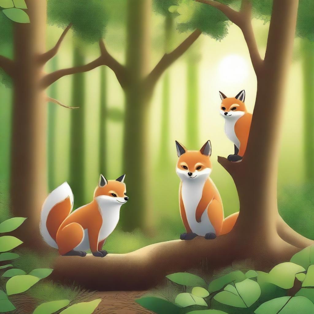 Create a detailed image of three animals: an owl perched on a tree branch, a fox standing on the forest floor, and a squirrel climbing a tree