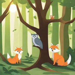 Create a detailed image of three animals: an owl perched on a tree branch, a fox standing on the forest floor, and a squirrel climbing a tree