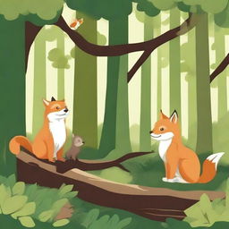 Create a detailed image of three animals: an owl perched on a tree branch, a fox standing on the forest floor, and a squirrel climbing a tree