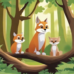 Create a detailed image of three animals: an owl perched on a tree branch, a fox standing on the forest floor, and a squirrel climbing a tree