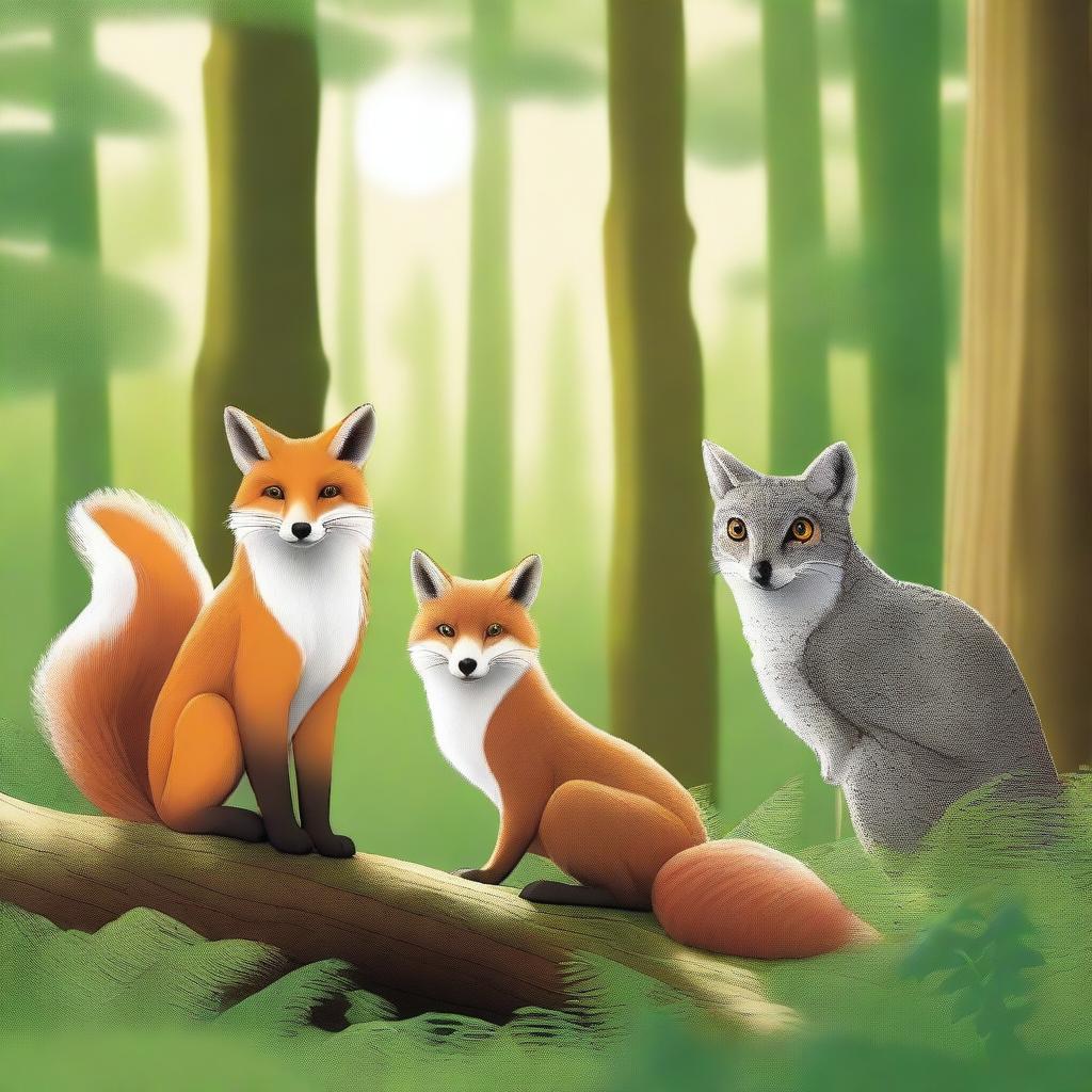 Create a detailed image of three animals: a fox, a squirrel, and an owl, all positioned in the foreground