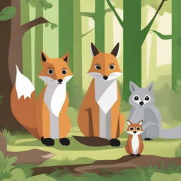 Create a detailed image of three animals: a fox, a squirrel, and an owl, all positioned in the foreground