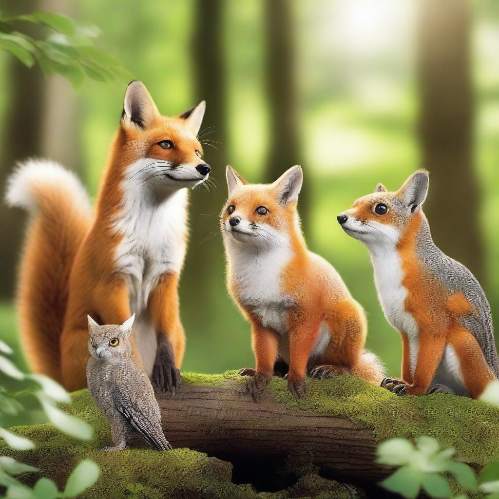 Create a detailed image of three animals: a fox, a squirrel, and an owl, all positioned in the foreground