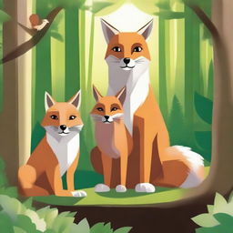 Create a detailed image of three animals: a fox, a squirrel, and an owl, all positioned in the foreground