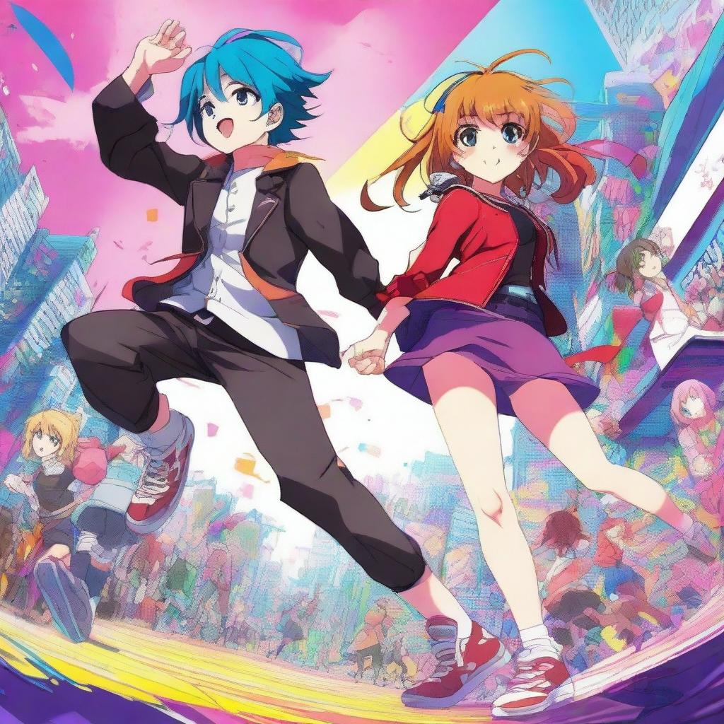 A vibrant and detailed anime scene featuring characters in a dynamic pose, with expressive faces and colorful backgrounds