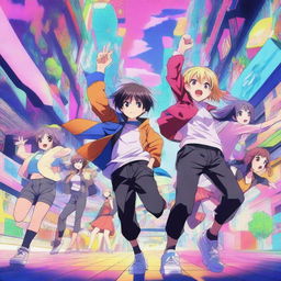 A vibrant and detailed anime scene featuring characters in a dynamic pose, with expressive faces and colorful backgrounds