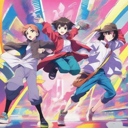 A vibrant and detailed anime scene featuring characters in a dynamic pose, with expressive faces and colorful backgrounds