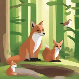 Create a detailed image of three animals: a fox, a squirrel, and an owl, all positioned prominently in the foreground