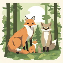 Create a detailed image of three animals: a fox, a squirrel, and an owl, all positioned prominently in the foreground