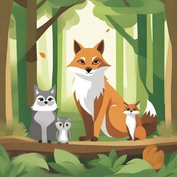 Create a detailed image of three animals: a fox, a squirrel, and an owl, all positioned prominently in the foreground