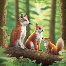 Create a detailed image featuring three animals positioned in the foreground: an owl, a squirrel, and a fox