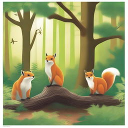 Create a detailed image featuring three animals positioned in the foreground: an owl, a squirrel, and a fox