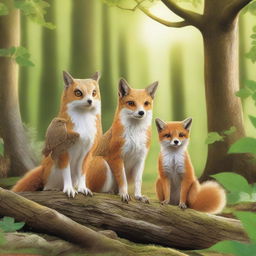 Create a detailed image featuring three animals positioned in the foreground: an owl, a squirrel, and a fox