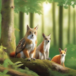 Create a detailed image featuring three animals positioned in the foreground: an owl, a squirrel, and a fox