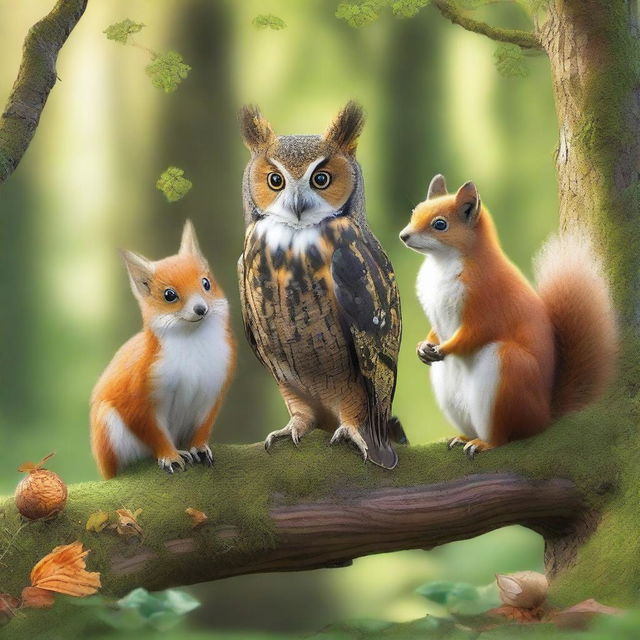 Create a highly detailed and vibrant image featuring three animals positioned in the foreground: an owl, a squirrel, and a fox