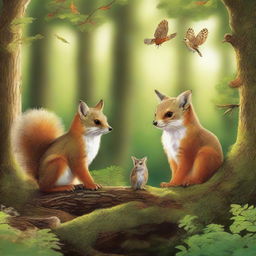 Create a highly detailed and vibrant image featuring three animals positioned in the foreground: an owl, a squirrel, and a fox