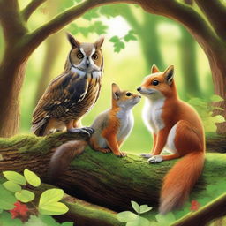 Create a highly detailed and vibrant image featuring three animals positioned in the foreground: an owl, a squirrel, and a fox