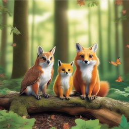 Create a highly detailed and vibrant image featuring three animals positioned in the foreground: an owl, a squirrel, and a fox