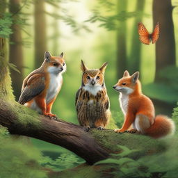 Create an exquisitely detailed and vibrant image of three animals in the foreground: an owl, a fox, and a squirrel