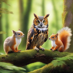 Create an exquisitely detailed and vibrant image of three animals in the foreground: an owl, a fox, and a squirrel