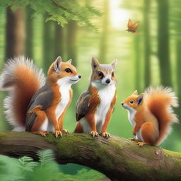 Create an exquisitely detailed and vibrant image of three animals in the foreground: an owl, a fox, and a squirrel