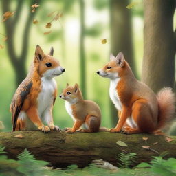 Create an exquisitely detailed and vibrant image of three animals in the foreground: an owl, a fox, and a squirrel