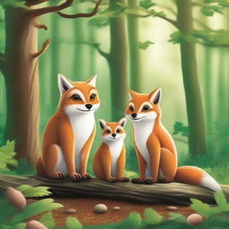 Create a highly detailed and vibrant image featuring three animals: one owl, one fox, and one squirrel