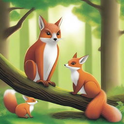 Create a highly detailed and vibrant image featuring three animals: one owl, one fox, and one squirrel