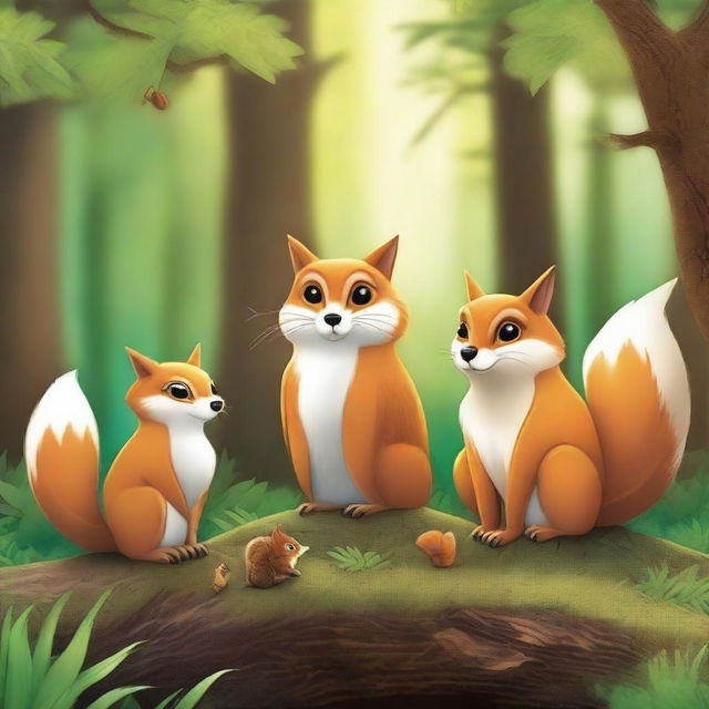 Create a highly detailed and vibrant image featuring three animals: one owl, one fox, and one squirrel