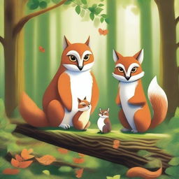 Create a highly detailed and vibrant image featuring three animals: one owl, one fox, and one squirrel