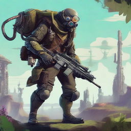 An aberration monster-human scout equipped with a sniper rifle, dressed in a military uniform that merges biopunk and steampunk aesthetics