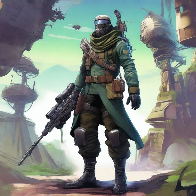 An aberration monster-human scout equipped with a sniper rifle, dressed in a military uniform that merges biopunk and steampunk aesthetics