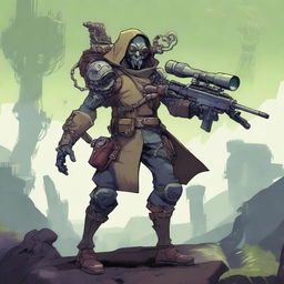 An aberration monster-human scout, equipped with a sniper rifle, dressed in a military uniform combining biopunk and steampunk elements