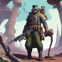 An aberration monster-human scout, equipped with a sniper rifle, dressed in a military uniform combining biopunk and steampunk elements