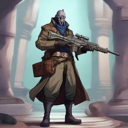 An aberration monster-human scout, equipped with a sniper rifle, dressed in a military uniform that merges biopunk and steampunk styles