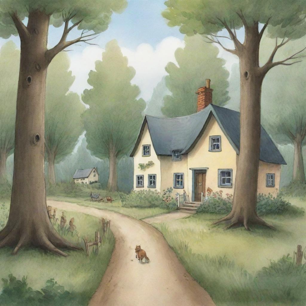 A quaint, simple-to-draw cartoon scene for a children's book illustrating Finn and Fiona approaching their charming, cozy houses nestled in the tranquil woodland.