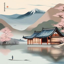 Create an image featuring a traditional Korean landscape with beautiful mountains, serene rivers, and traditional Hanok houses