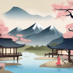 Create an image featuring a traditional Korean landscape with beautiful mountains, serene rivers, and traditional Hanok houses