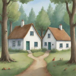 A quaint, simple-to-draw cartoon scene for a children's book illustrating Finn and Fiona approaching their charming, cozy houses nestled in the tranquil woodland.