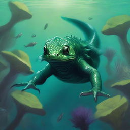 A detailed illustration of a Dungeons & Dragons dark green salamander race character underwater