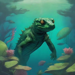 A detailed illustration of a Dungeons & Dragons dark green salamander race character underwater