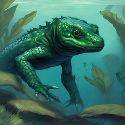 A detailed illustration of a Dungeons & Dragons dark green salamander race character underwater