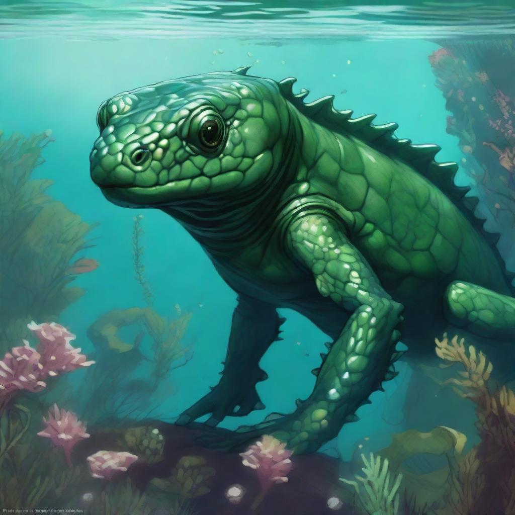 A detailed illustration of a Dungeons & Dragons dark green salamander race character underwater