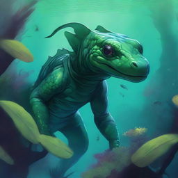 A detailed illustration of a fantasy humanoid dark green salamander race character underwater in a Dungeons & Dragons setting