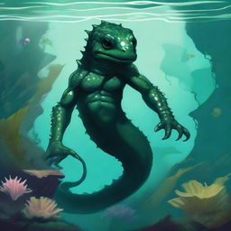 A detailed illustration of a fantasy humanoid dark green salamander race character underwater in a Dungeons & Dragons setting