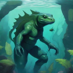 A detailed illustration of a fantasy humanoid dark green salamander race character underwater in a Dungeons & Dragons setting