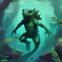 A detailed illustration of a fantasy humanoid dark green salamander race character underwater in a Dungeons & Dragons setting